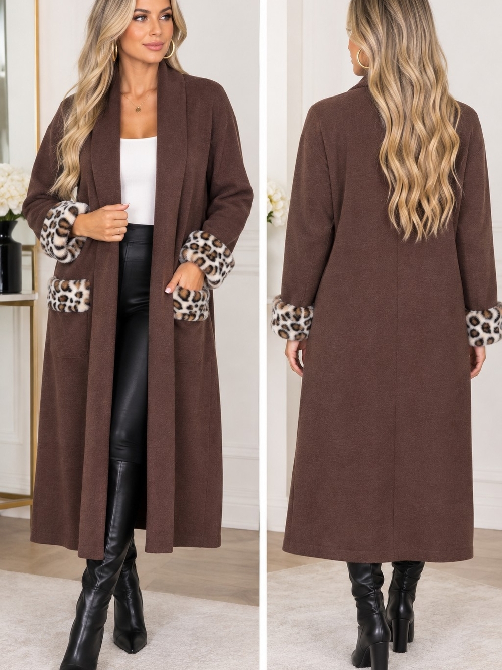 Maxsport Brown Open-Front Cardigan with Leopard-Trim Cuffs & Pockets Sz XL (NWT)